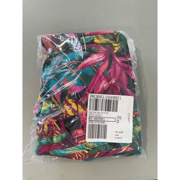 Susan Graver Soleil One Shoulder Swimsuit with Self Trim Sz 14 Black Multi Palm - Picture 8 of 10